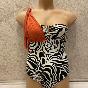 ANIKA Monochrome Floral One Piece with Vibrant Orange Strap Detail